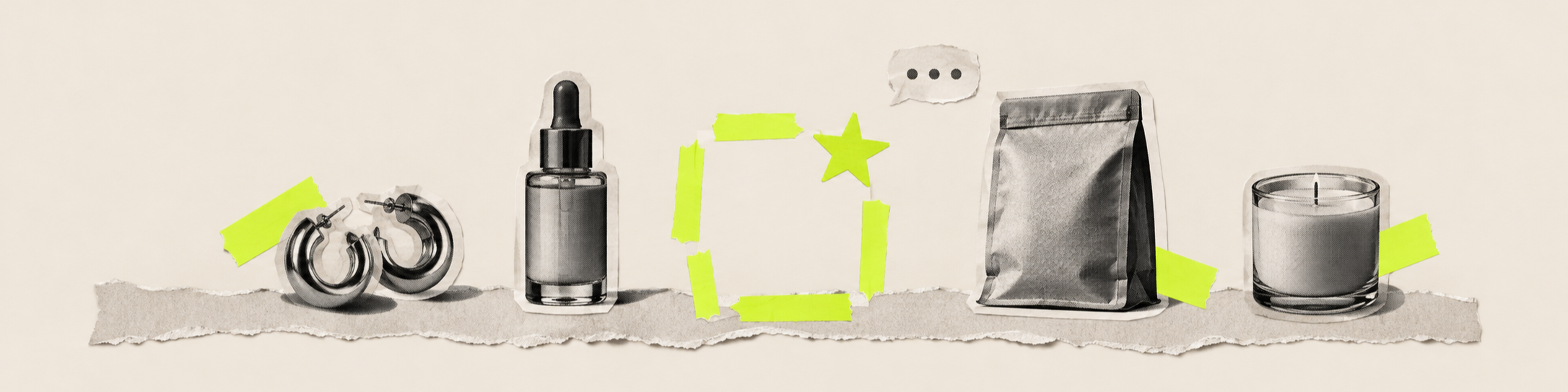 A cut-out collage shelf with one empty spot taped in lime